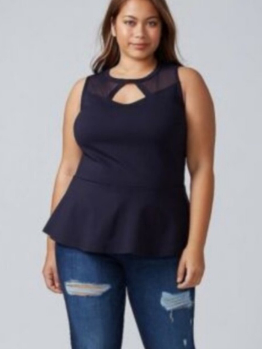 Lane Bryant Navy Blue Mesh Cutout Stretch Peplum Top